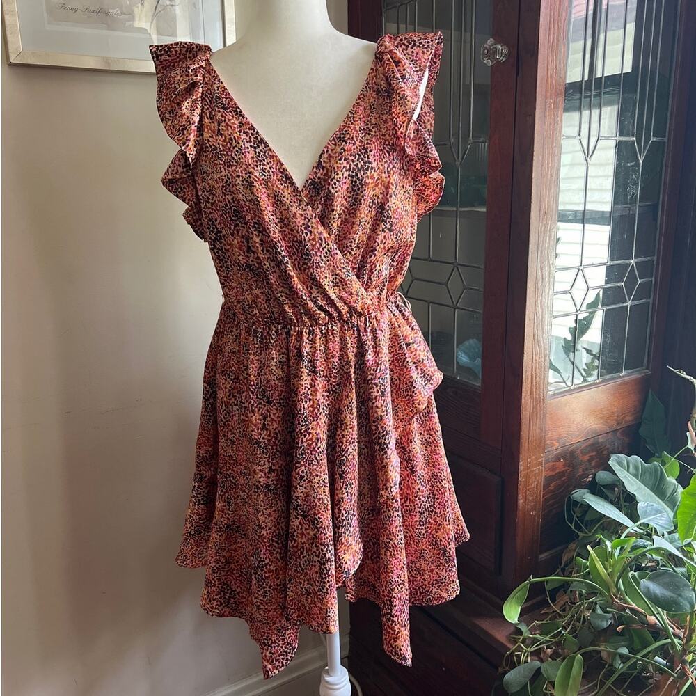 Express Pink Abstract Print Ruffle Faux Wrap Dress Size S/M - Picture 3 of 17